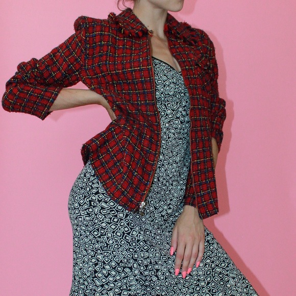 VTG 90s y2k Red/Black Plaid Tweed Fringe Boucle Zip-Up Blazer - Picture 3 of 9